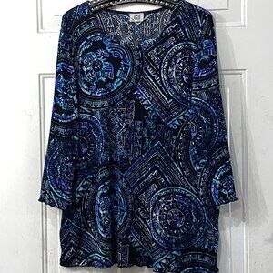 Vintage Jostar Knit Blouse Tunic 3/4 Sleeve Sz XL Aztec Ornament Black/Multi